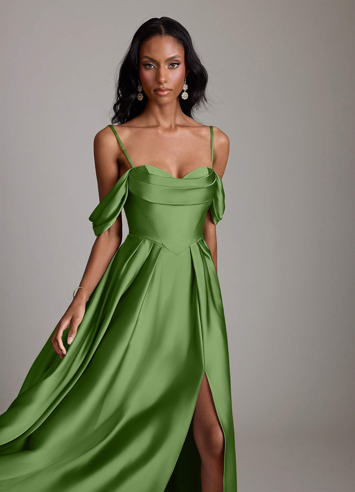 Loisa A-Line Off-the-Shoulder Stretch Satin Bridesmaid Dress in Basil