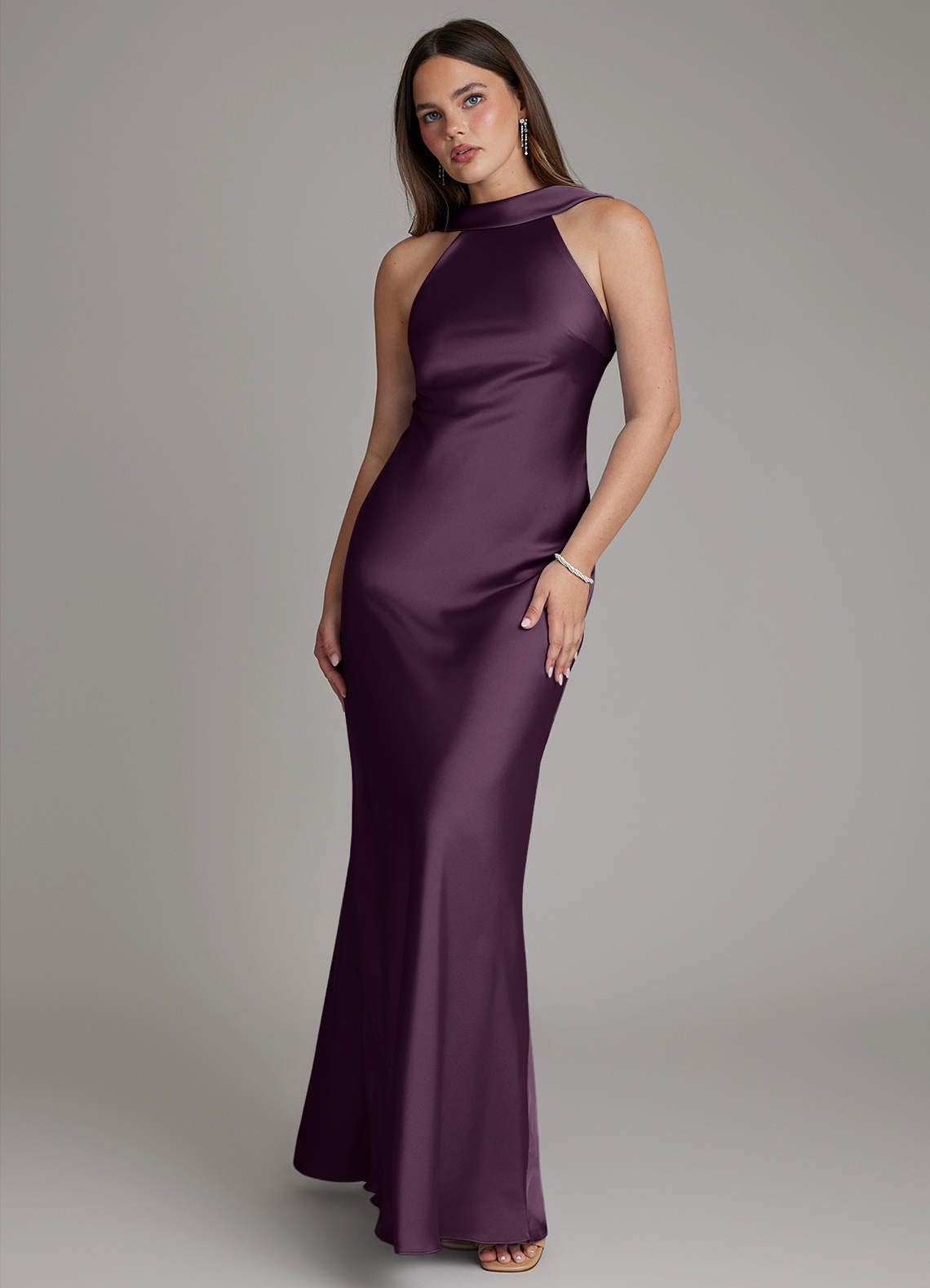 Dimitra Sheath Halter Stretch Satin Bridesmaid Dress in Plum