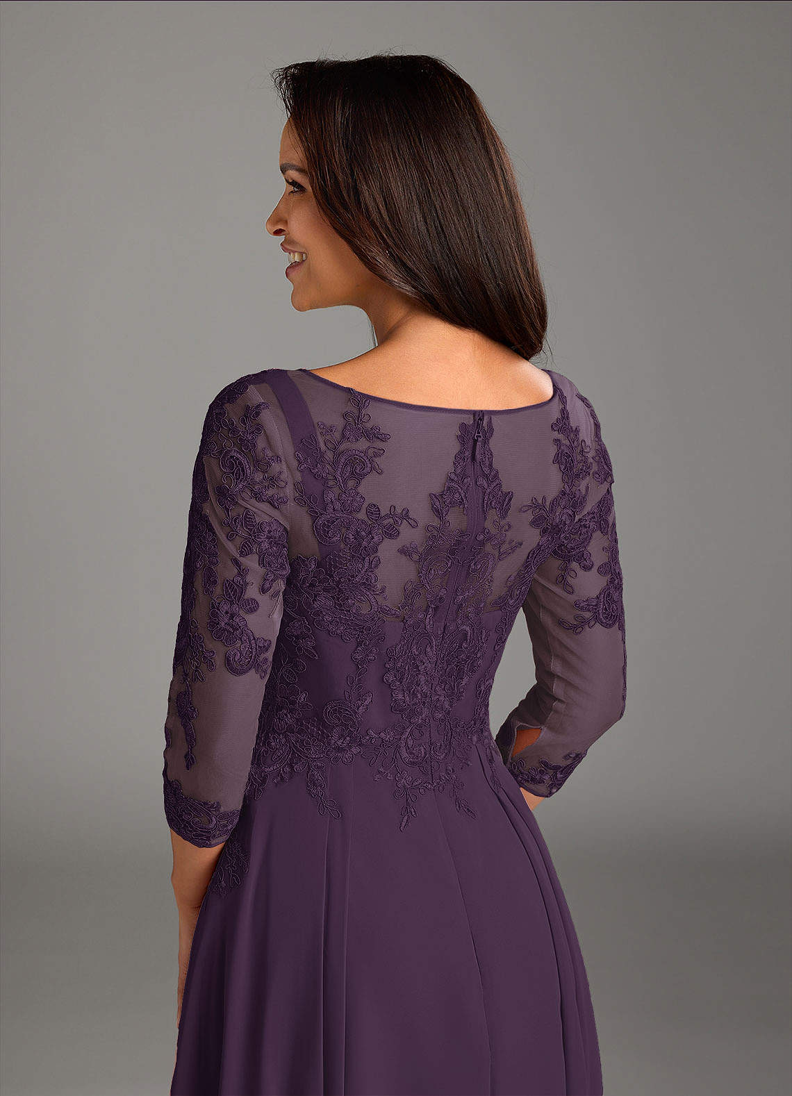 Marge A-Line Scoop-Neck Chiffon and Lace Mother of the Bride Dress in Plum