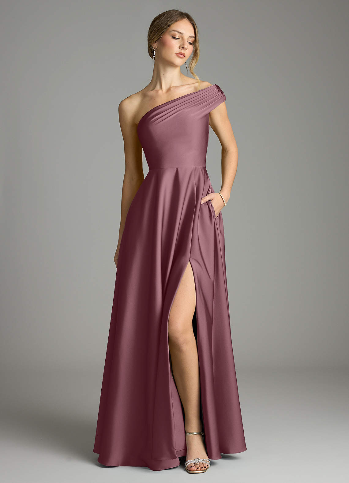 Melanie A-Line One-Shoulder Stretch Satin Bridesmaid Dress in Amethyst