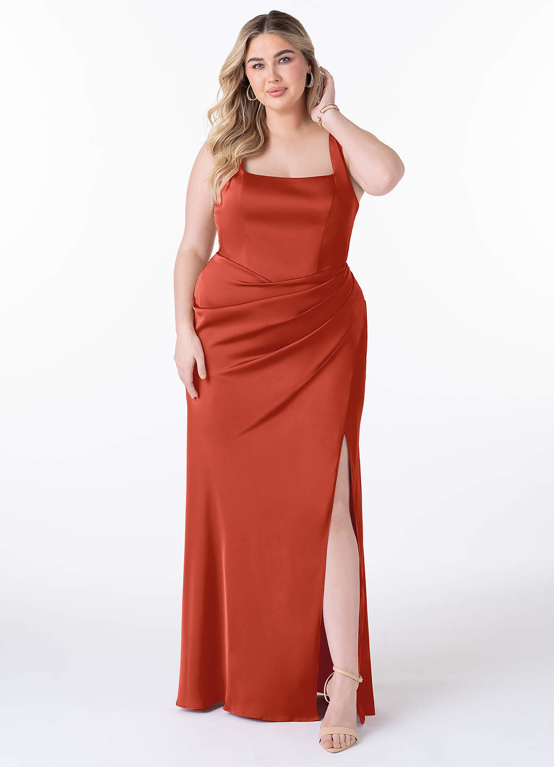 Mero Mermaid Square-Neck Stretch Satin Bridesmaid Dress in Rust