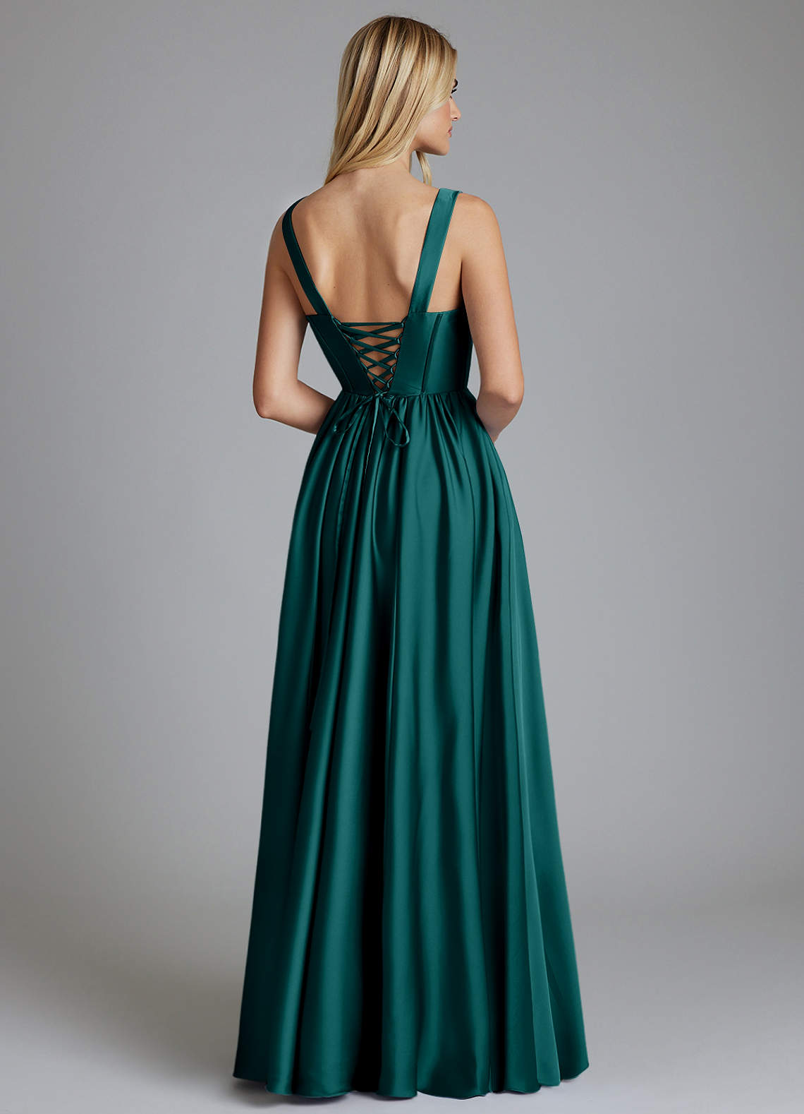 Delmie A-Line V-Neck Stretch Satin Bridesmaid Dress in Peacock