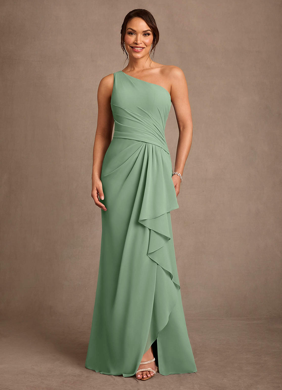 Floy Sheath One-Shoulder Chiffon Mother of the Bride Dress in matcha