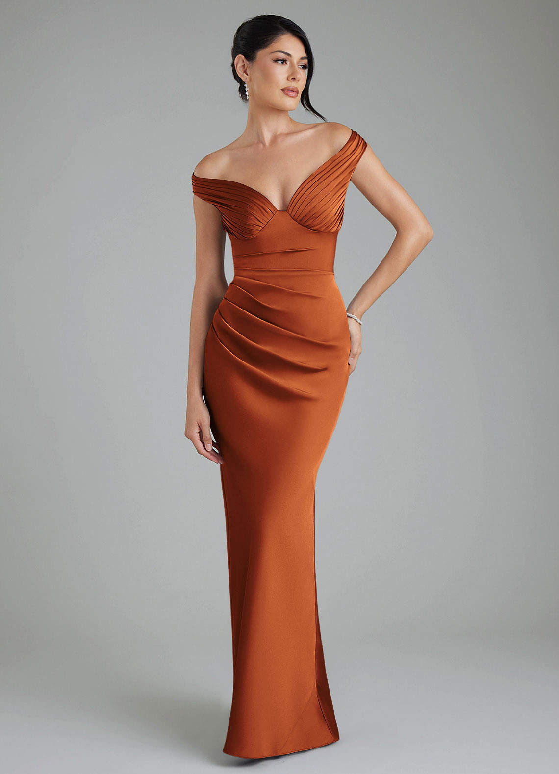 Stella Sheath V-Neck Stretch Satin Bridesmaid Dress in Cinnamon