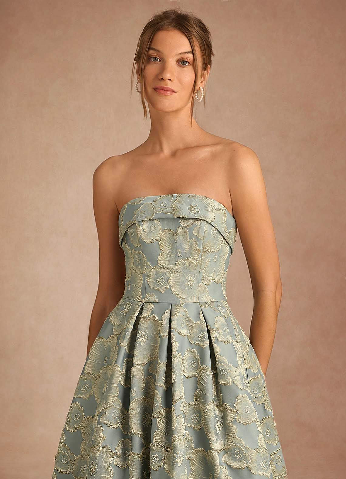 Florentine A-Line Bandeau Jacquard Taffeta Evening Dress in Blue