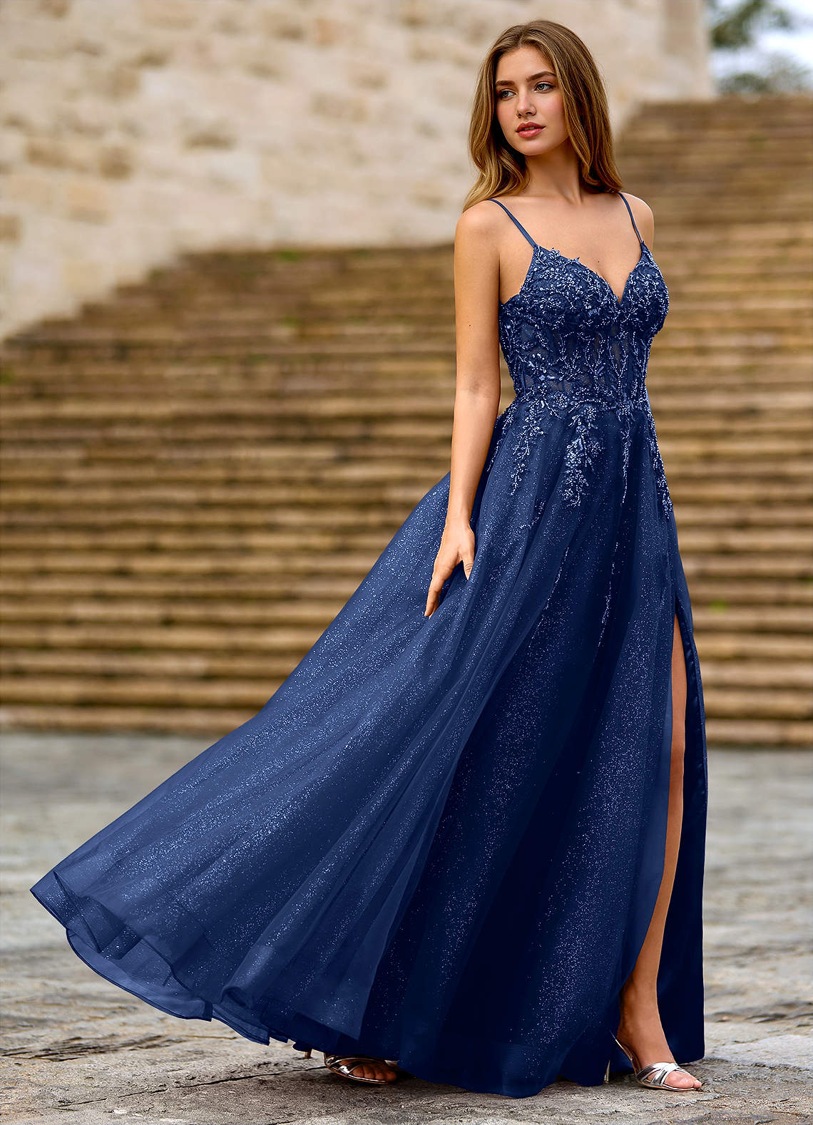 Milliener A-Line V-Neck Tulle Evening Dress in Navy