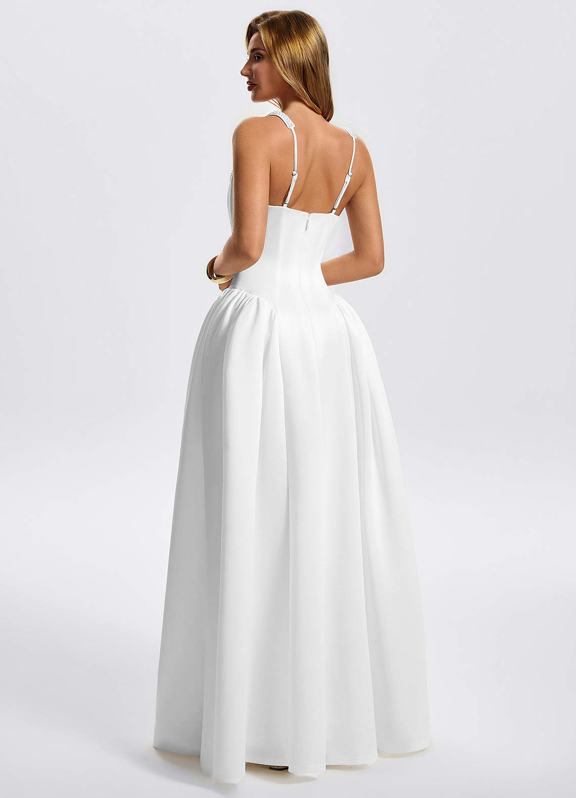 Kaelin A-Line Square-Neck Stretch Knit Evening Dress in White