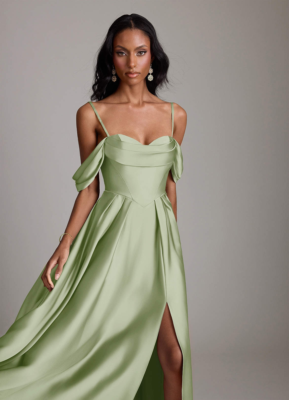 Loisa A-Line Off-the-Shoulder Stretch Satin Bridesmaid Dress in Dusty Sage