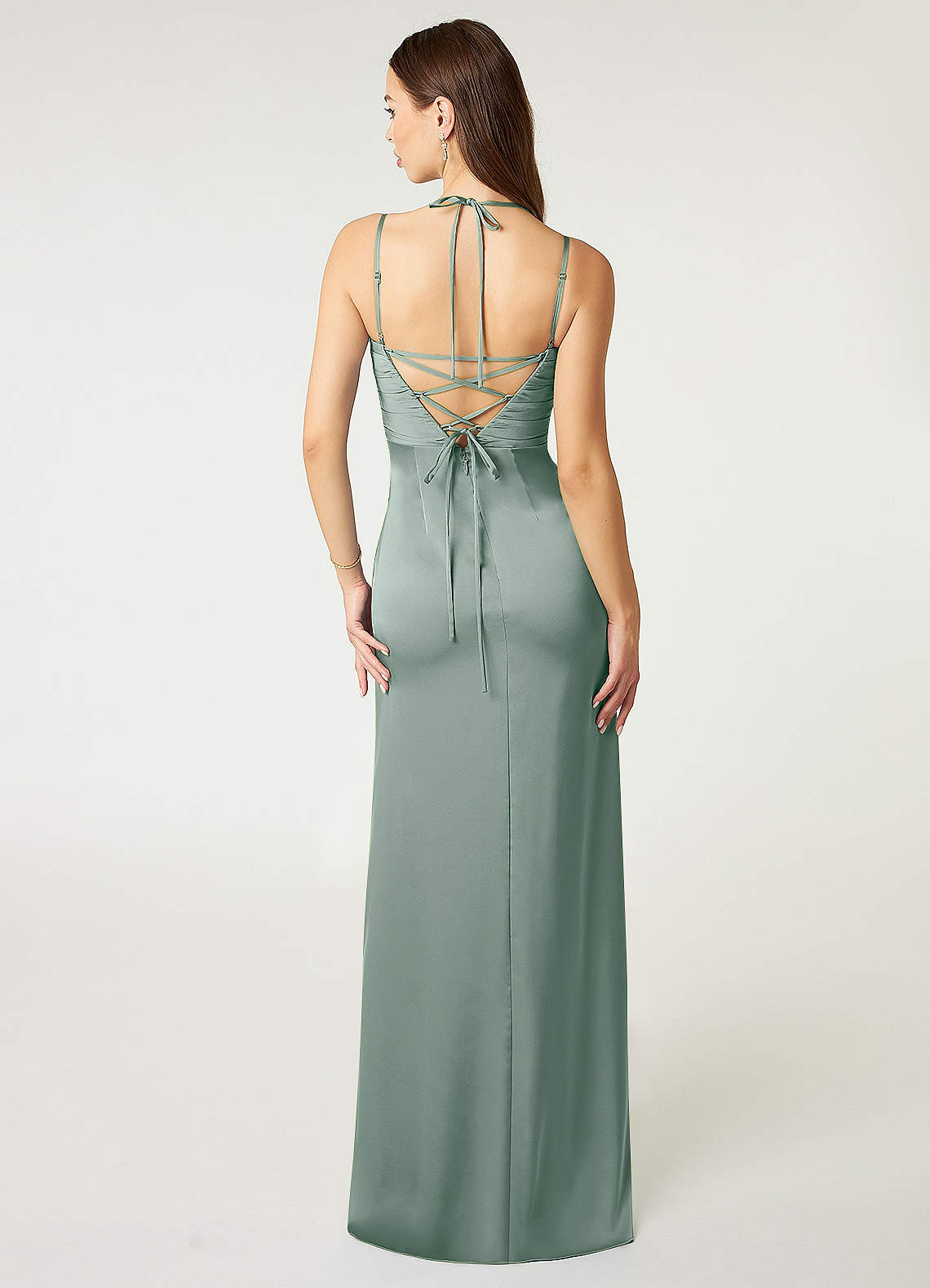 Desi Sheath Halter Stretch Satin Bridesmaid Dress in Silver Sage