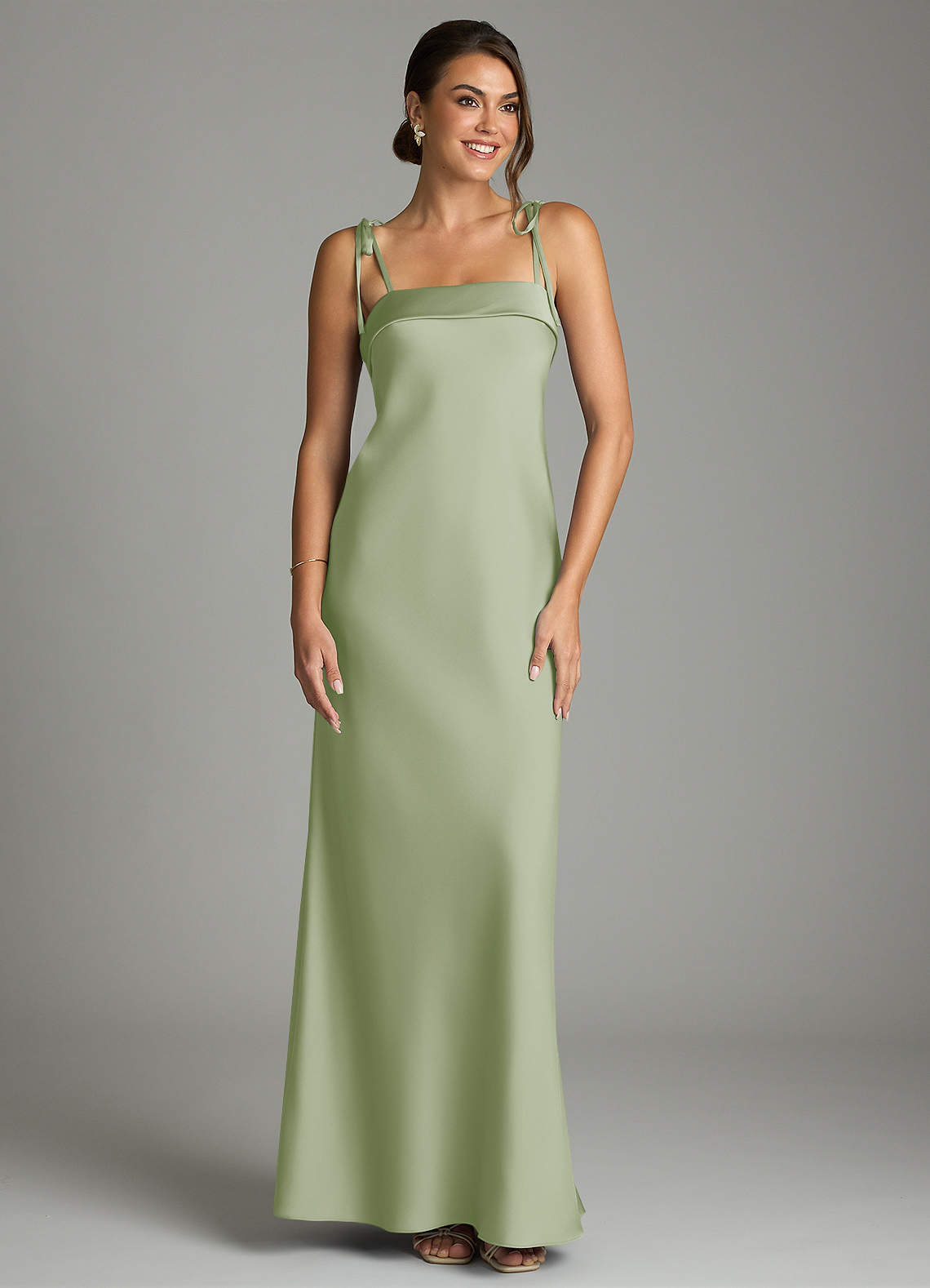 Ellia Sheath Straight-Neck Stretch Satin Bridesmaid Dress in Dusty Sage