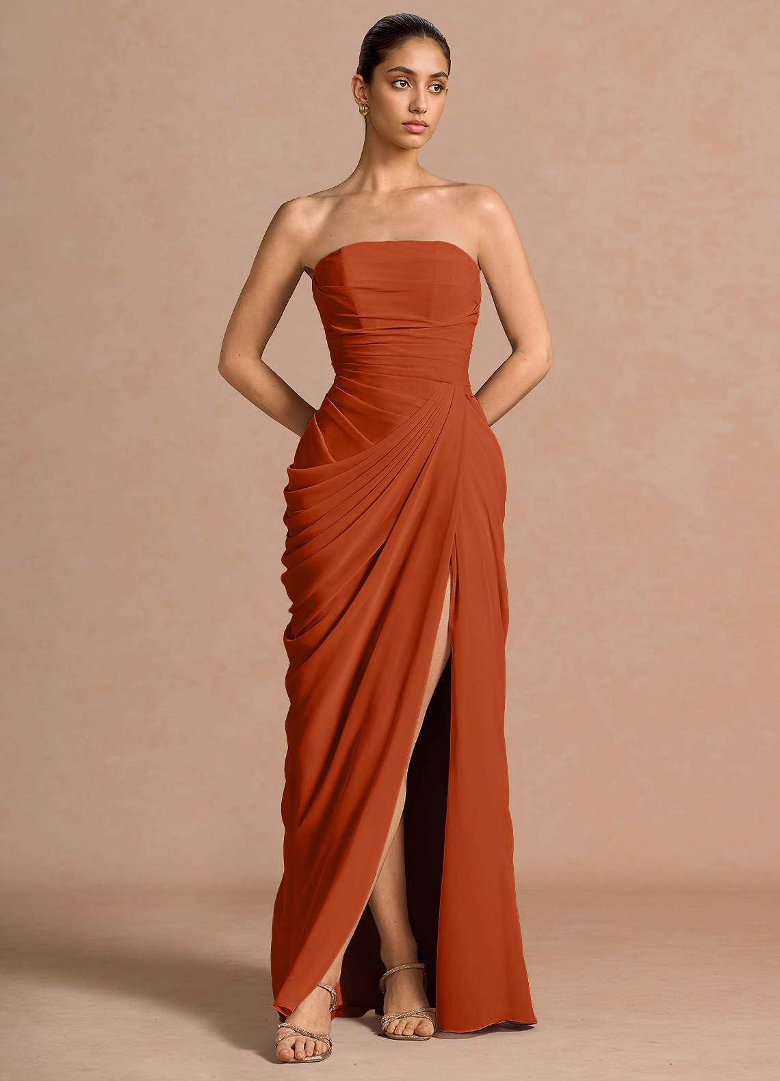 Kaavia Column Pleated Chiffon Maxi Evening Dress in Dusty Blue