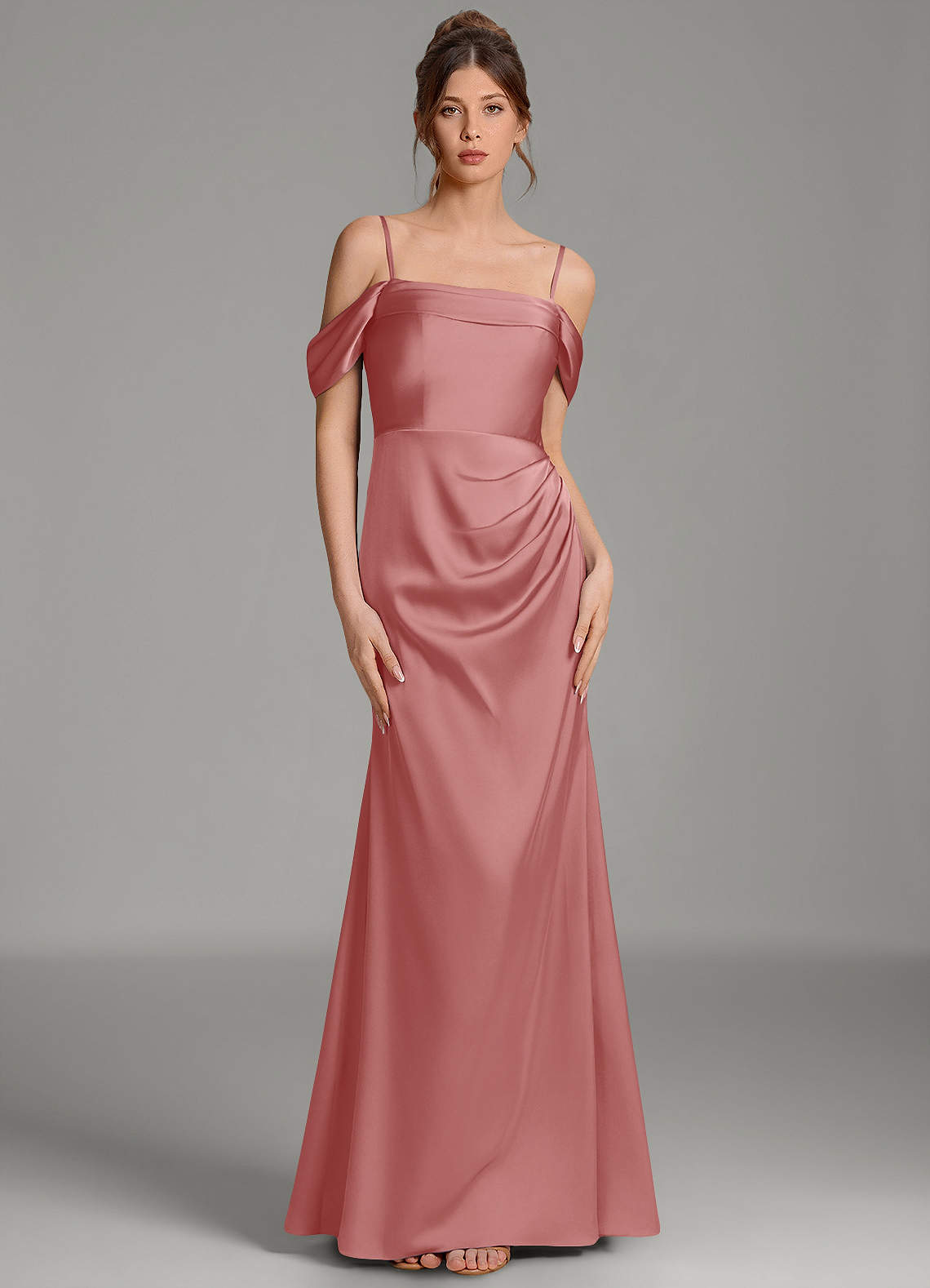 Wyatt Mermaid Off-the-Shoulder Stretch Satin Bridesmaid Dress in Antique Rose