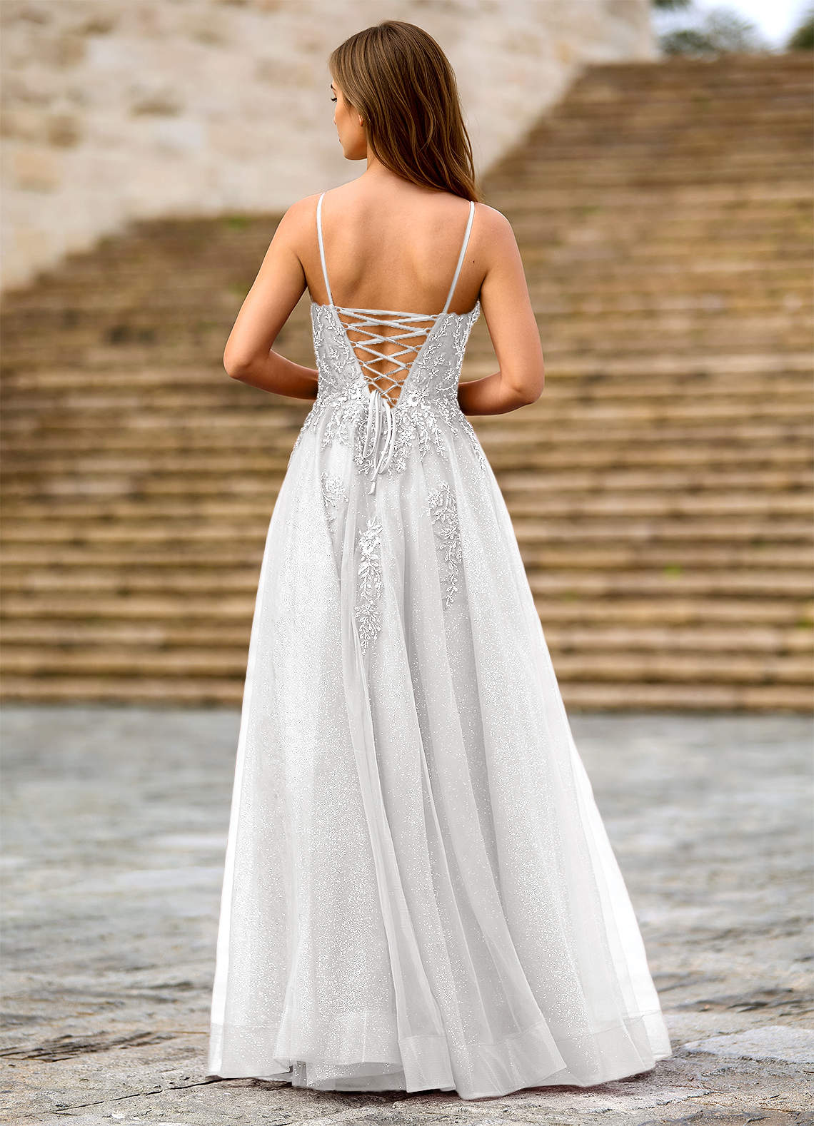 Milliener A-Line V-Neck Tulle Evening Dress in white