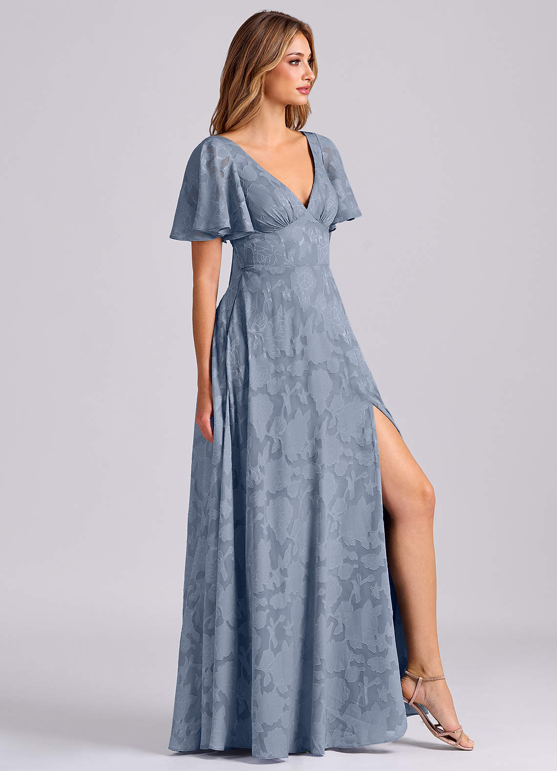 Kimber A-Line V-Neck Floral Burnout Bridesmaid Dress in dusty blue