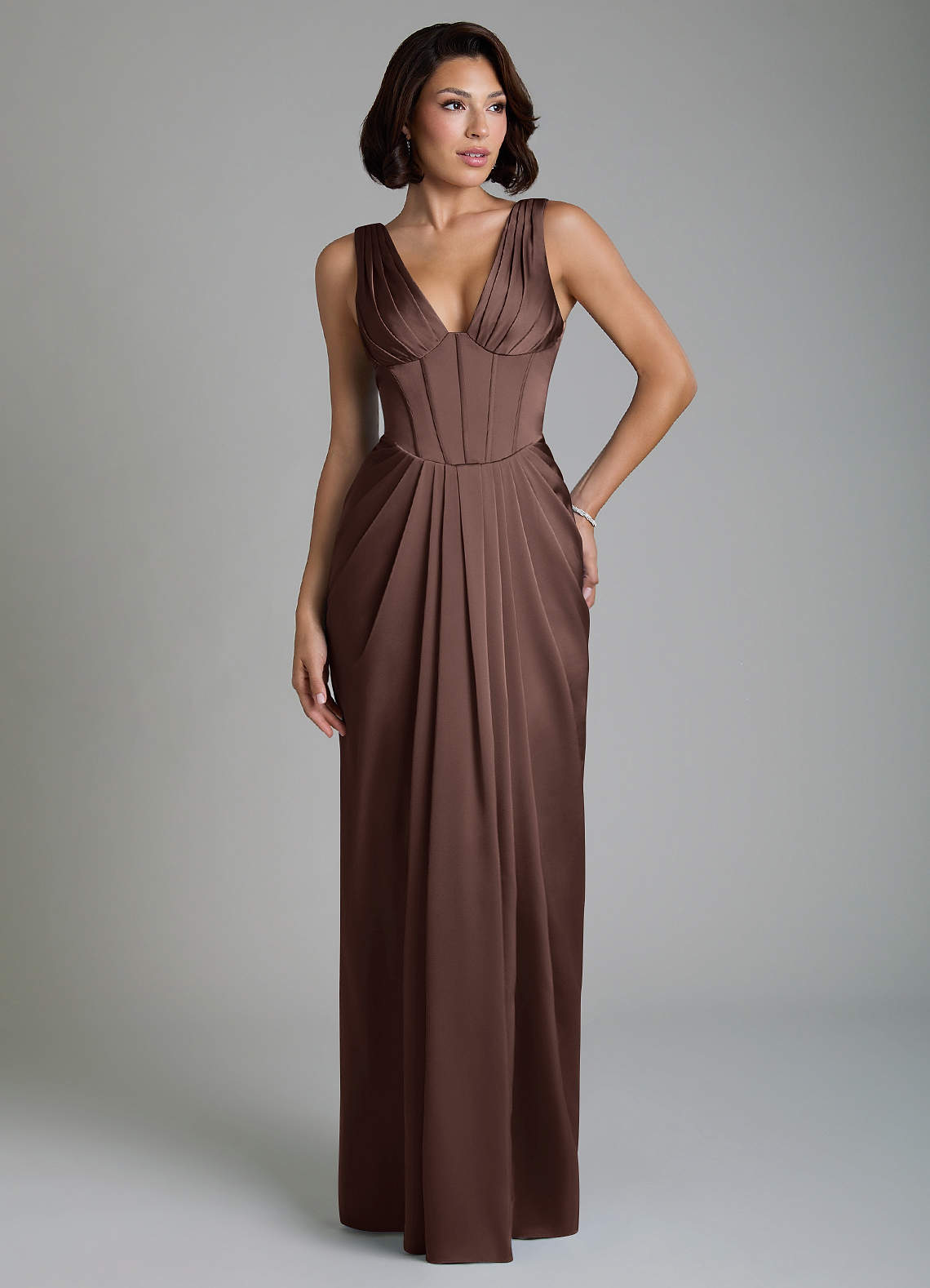 Vanya Sheath V-Neck Stretch Satin Bridesmaid Dress in Ganache