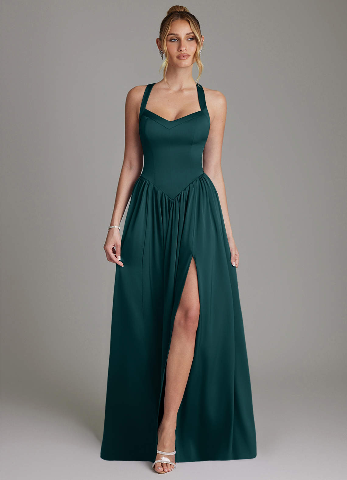 Francis A-Line V-Neck Stretch Satin Bridesmaid Dress in Pine