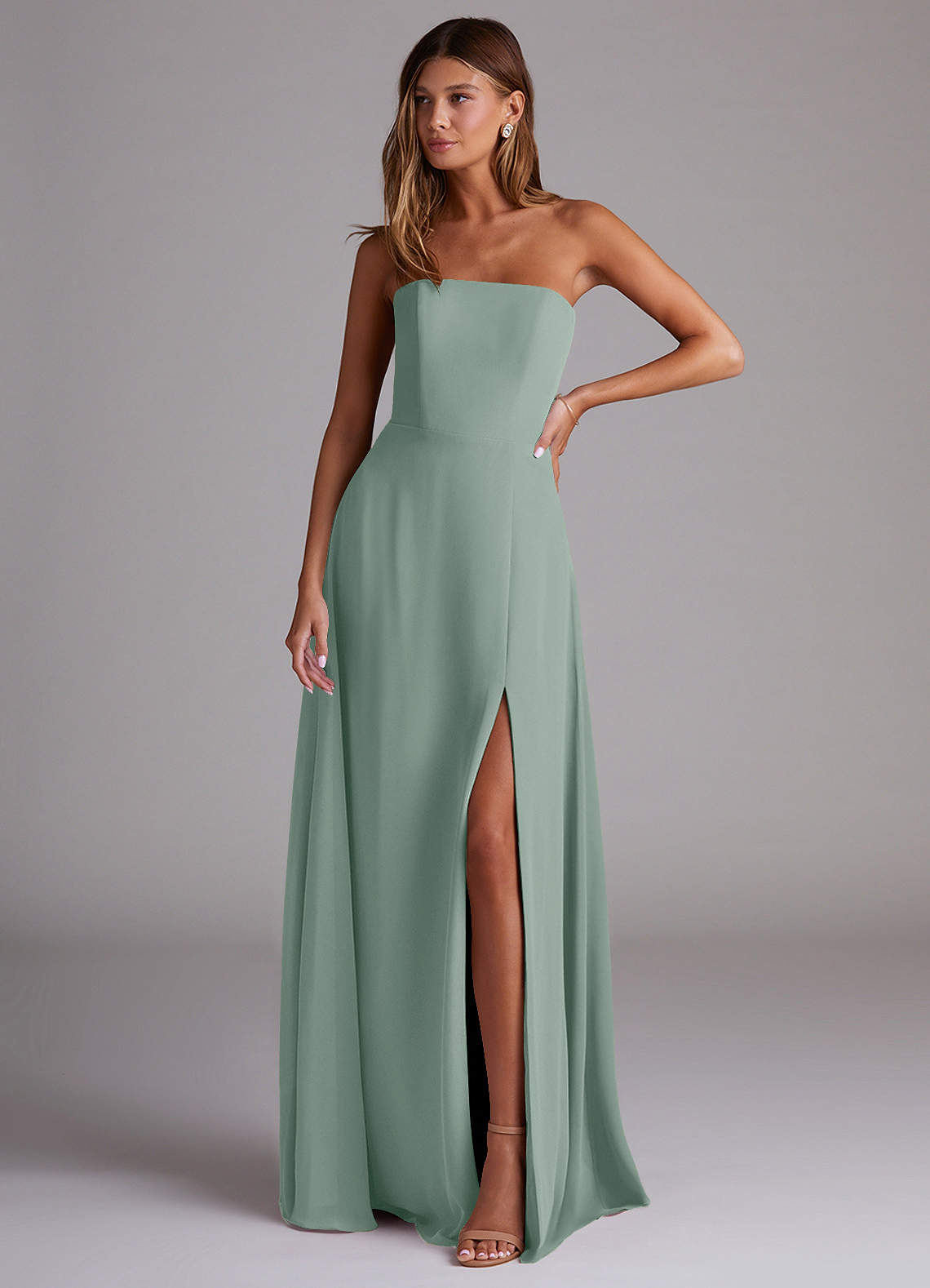 Wren A-Line Straight-Neck Chiffon Bridesmaid Dress in Silver Sage