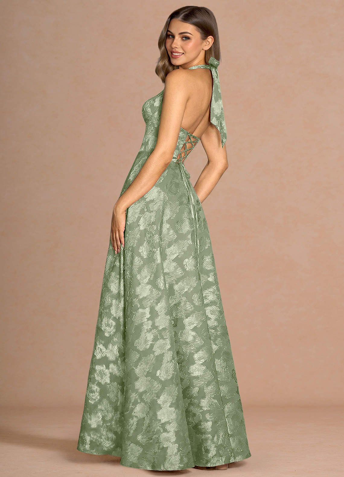 Isabeau A-Line V-Neck Fil Coupé Evening Dress in Light Green