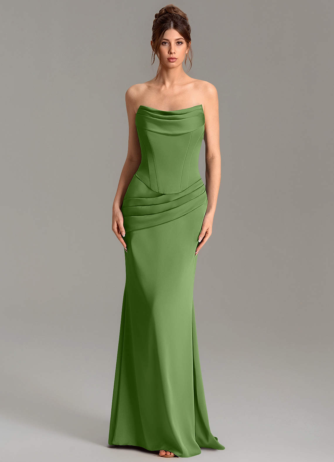 Adrienne Mermaid Cowl-Neck Stretch Satin Bridesmaid Dress in Basil