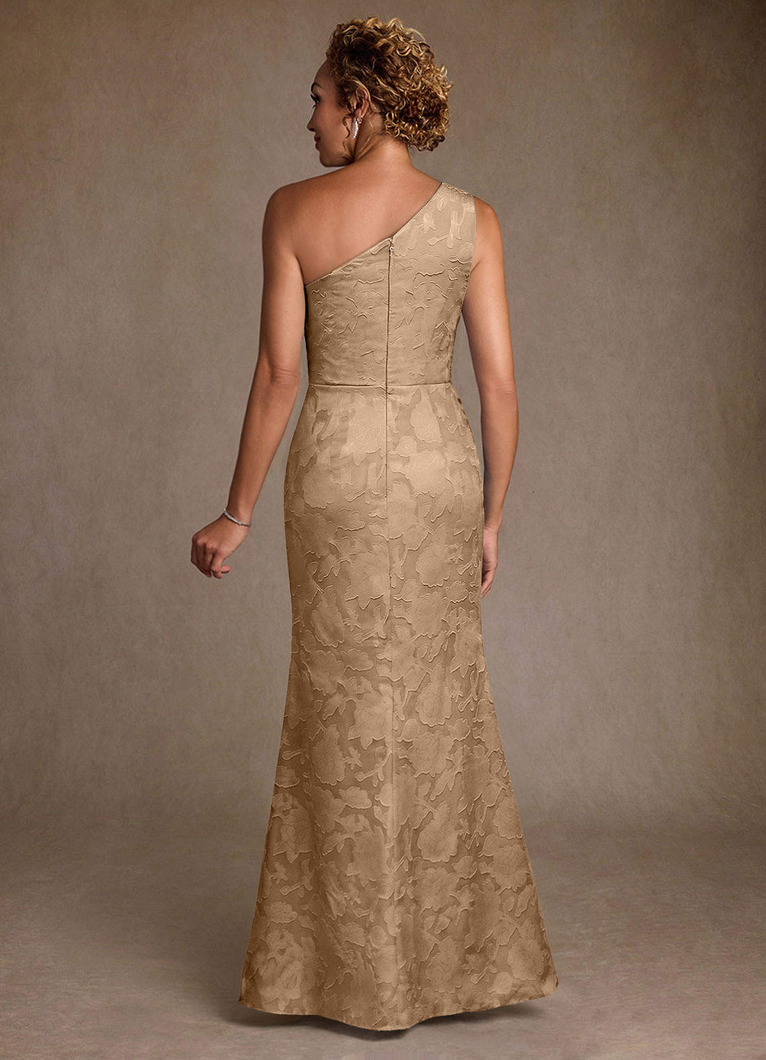 Joylin Trumpet One-Shoulder Floral Burnout Mother of the Bride Dress in champagne