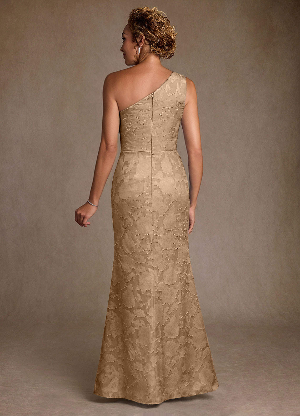 Joylin Trumpet One-Shoulder Floral Burnout Mother of the Bride Dress in champagne