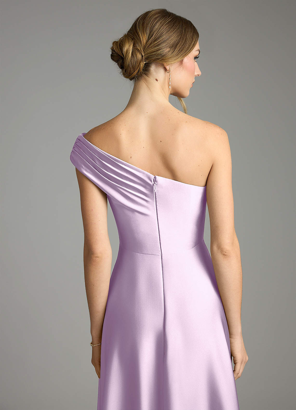 Melanie A-Line One-Shoulder Stretch Satin Bridesmaid Dress in Frosted Lilac
