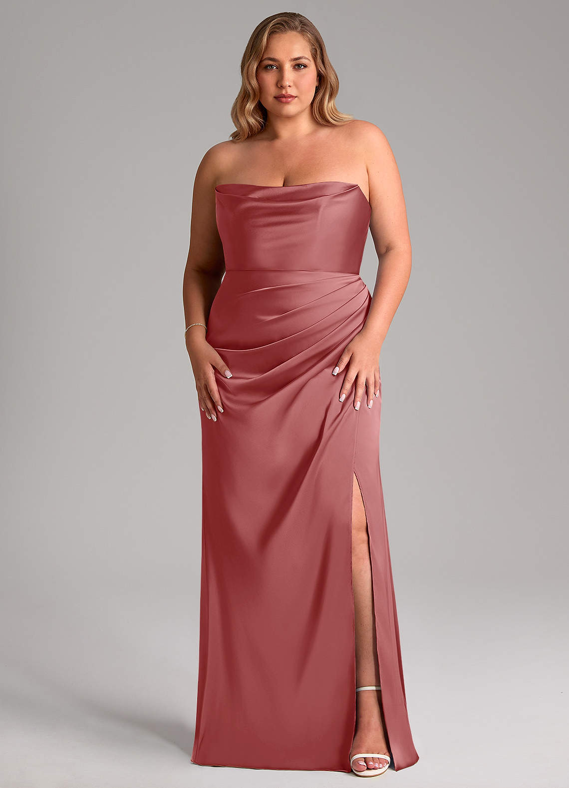 Leonis Mermaid Cowl-Neck Stretch Satin Bridesmaid Dress in Antique Rose