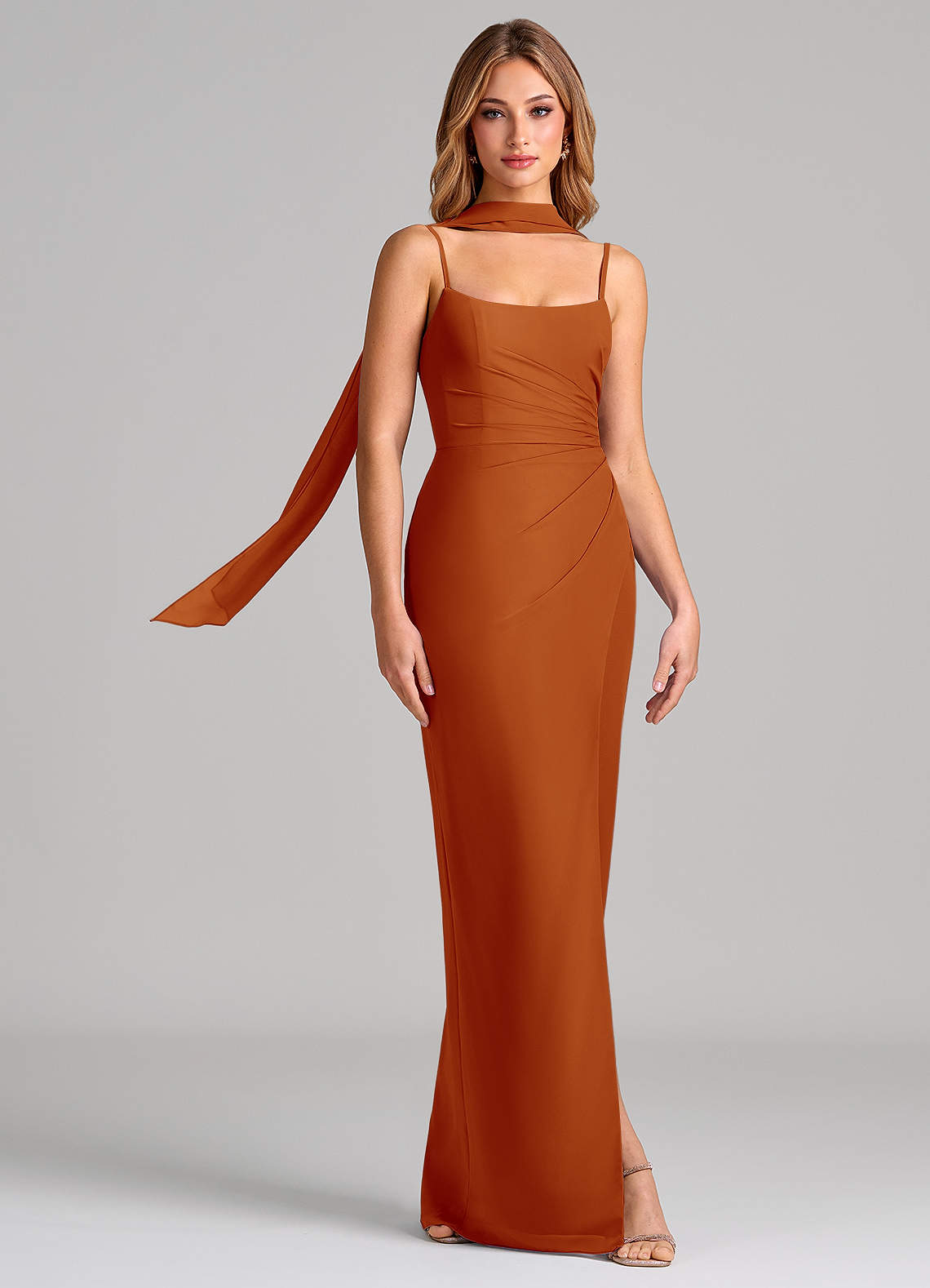 Calandra Sheath Scoop-Neck Chiffon Bridesmaid Dress in Paprika