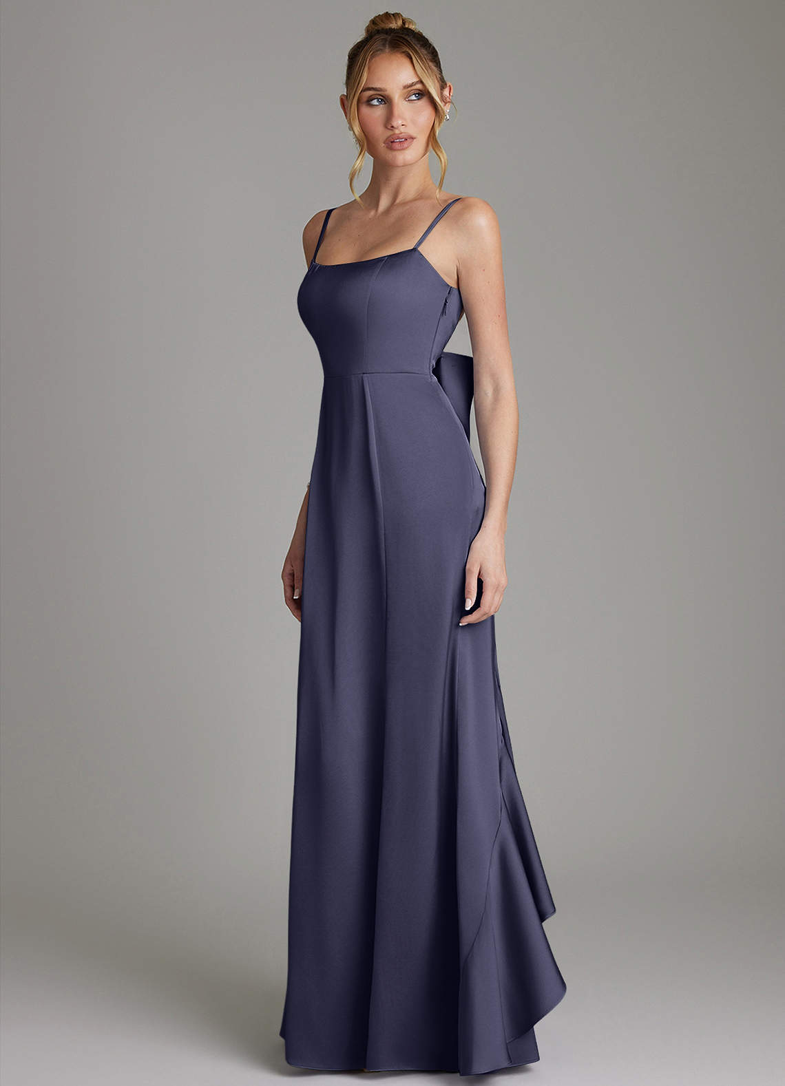 Zherra Mermaid Scoop-Neck Stretch Satin Bridesmaid Dress in Stormy