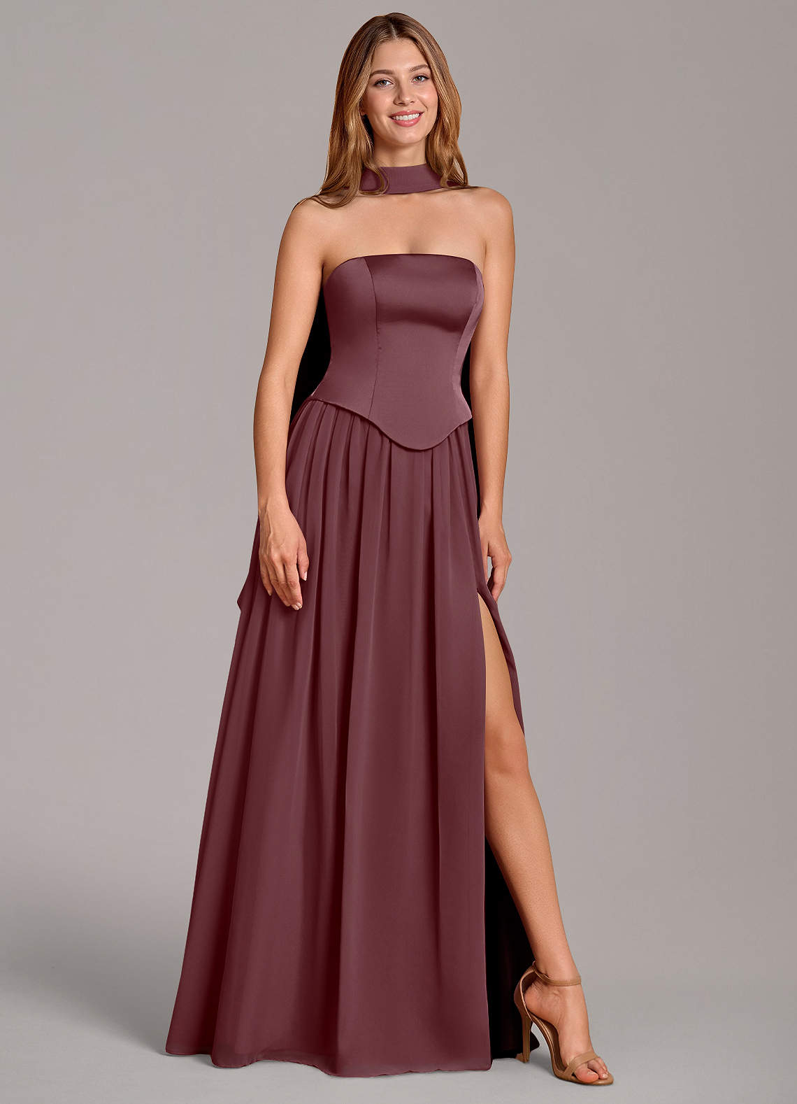 Cadence A-Line Strapless Chiffon and Stretch Satin Bridesmaid Dress in Sangria