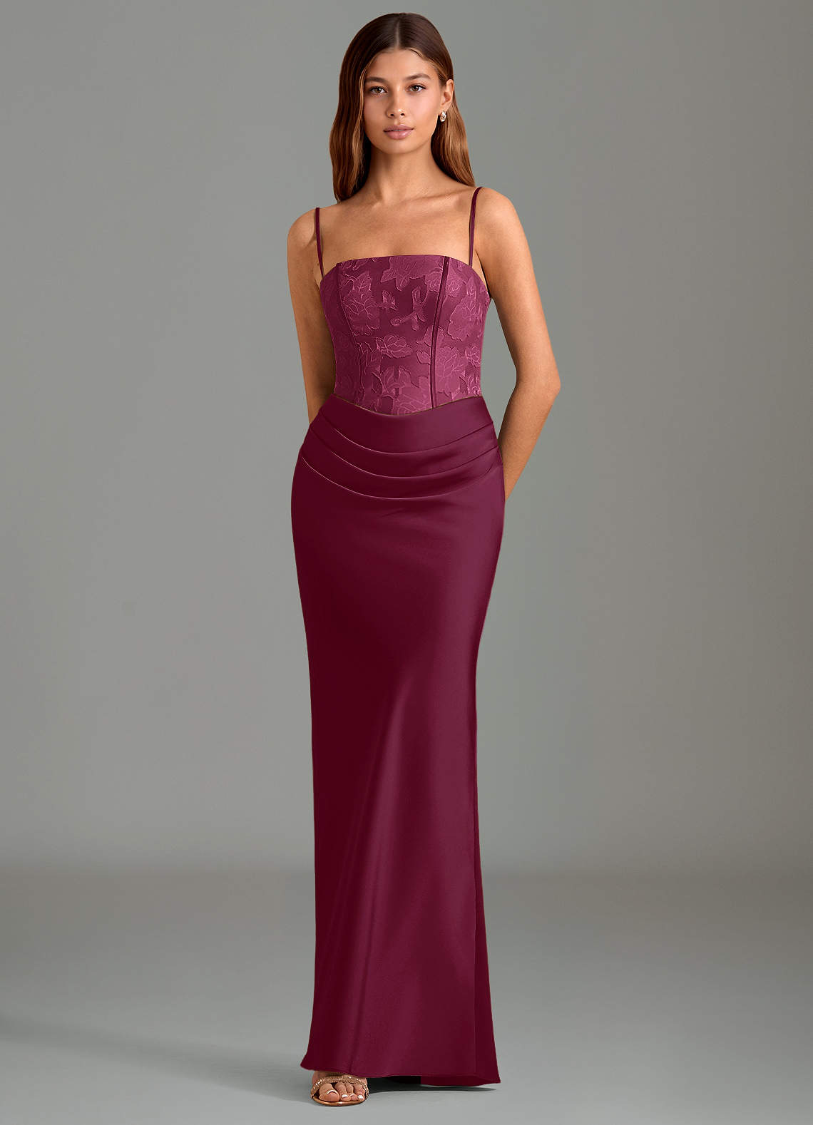 Emilia Mermaid Strapless Stretch Satin and Floral Burnout Bridesmaid Dress in Mulberry