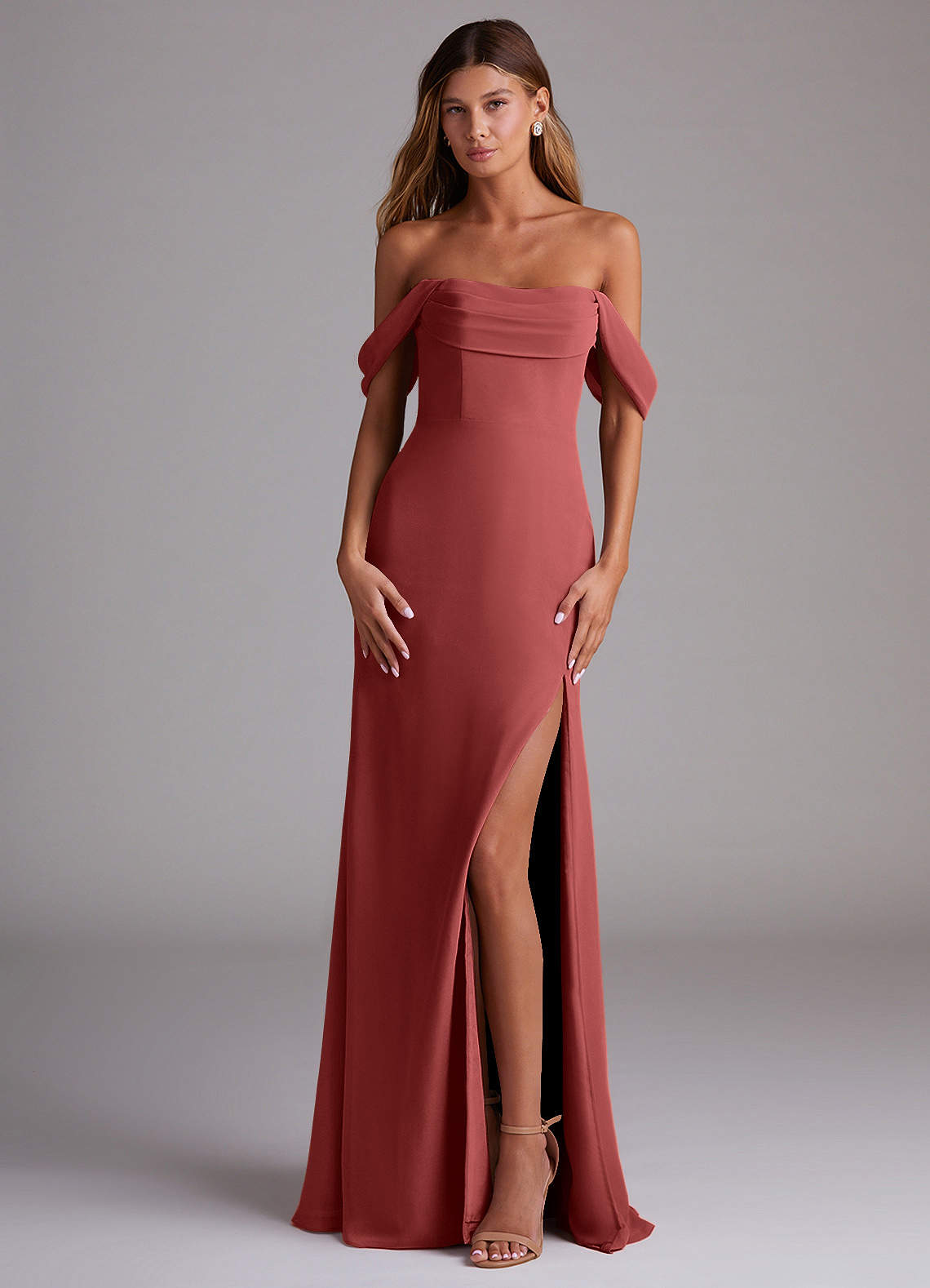 Saige A-Line Off-the-Shoulder Chiffon Bridesmaid Dress in Terracotta
