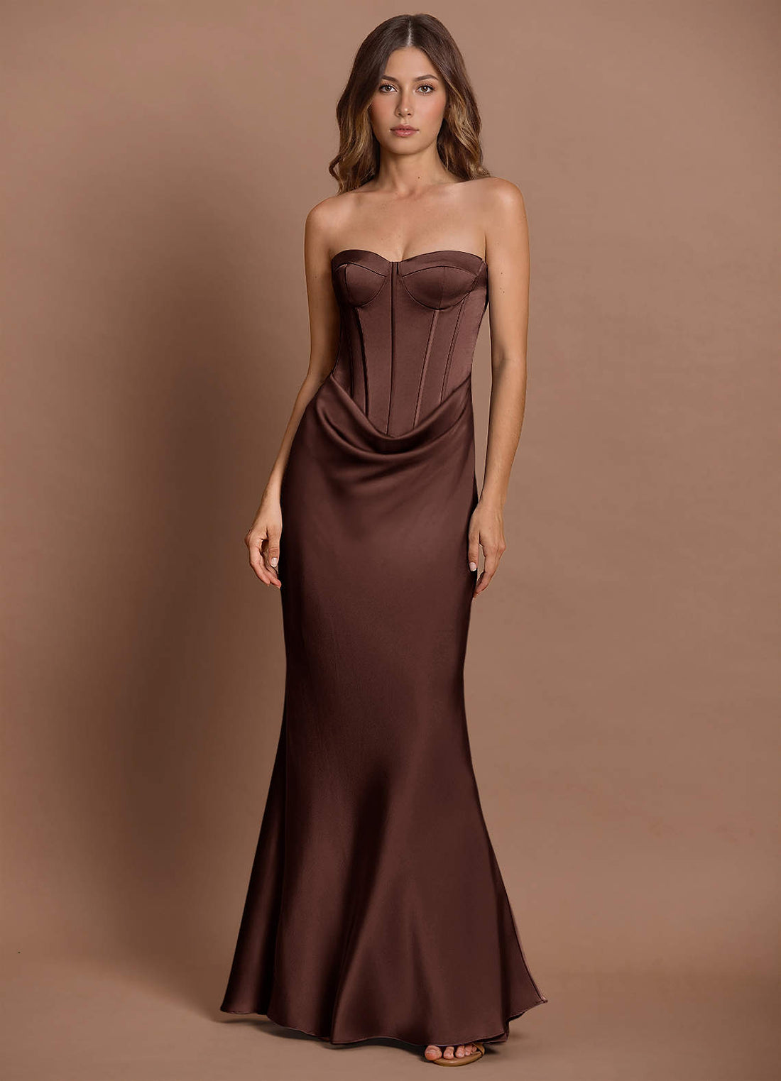 Lirielle Sheath Back-Cutout Stretch Satin Evening Dress in Mocha Coco