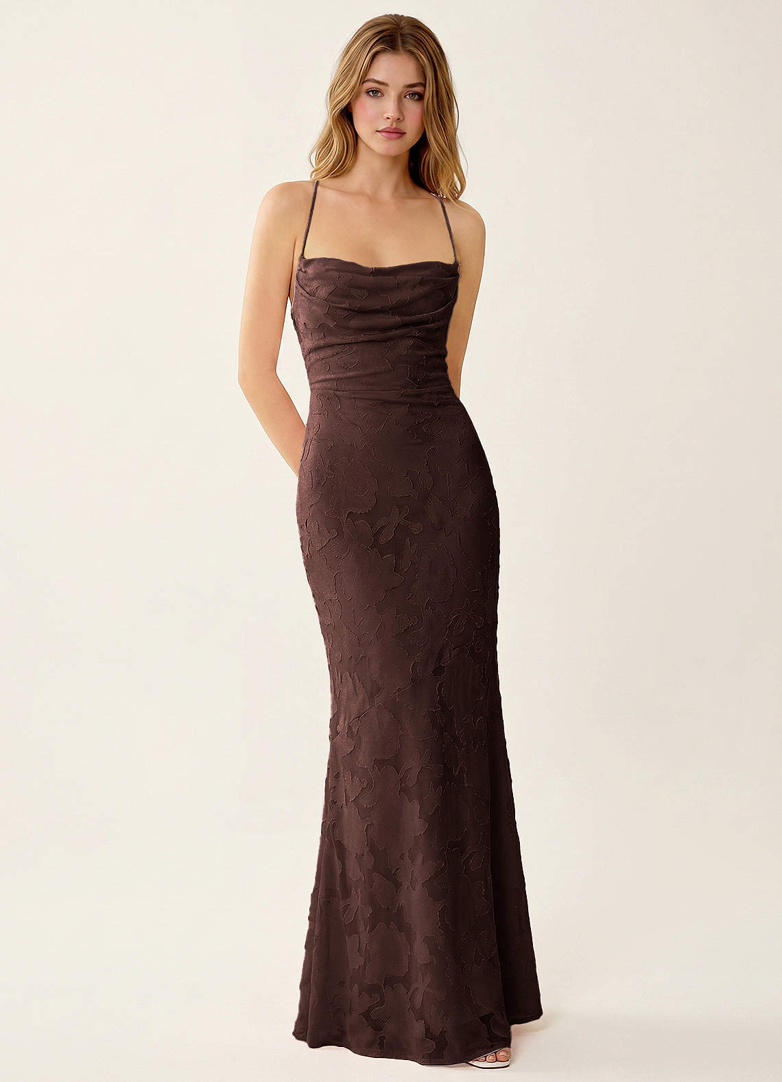 Natasha Mermaid Spaghetti-Strap Floral Burnout Evening Dress in Ganache