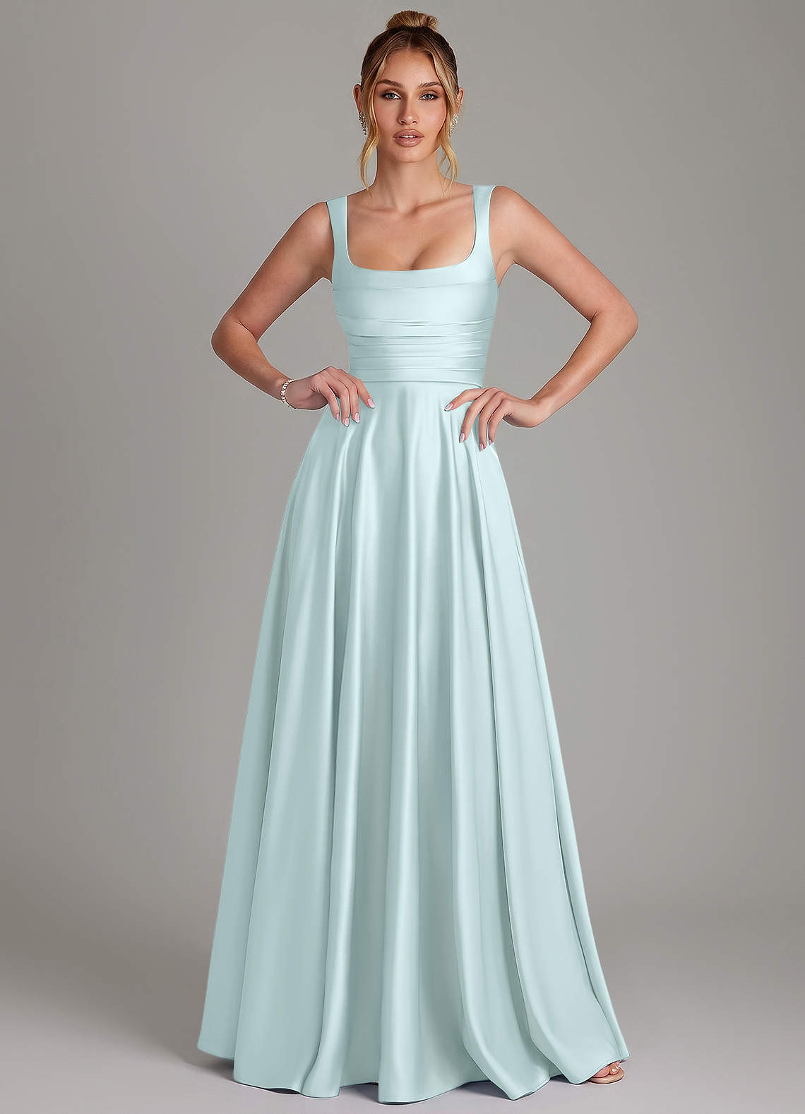 Azaria A-Line Square-Neck Stretch Satin Bridesmaid Dress in Sea Glass