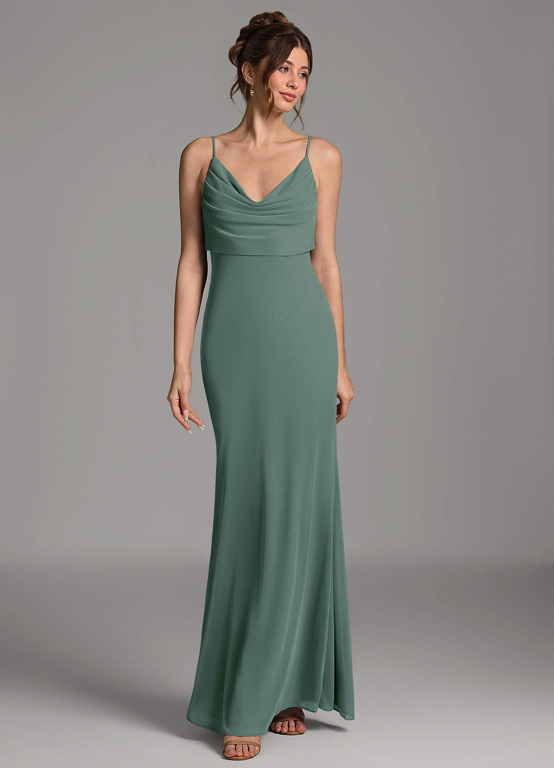Zari Mermaid Cowl-Neck Mesh Bridesmaid Dress in Eucalyptus