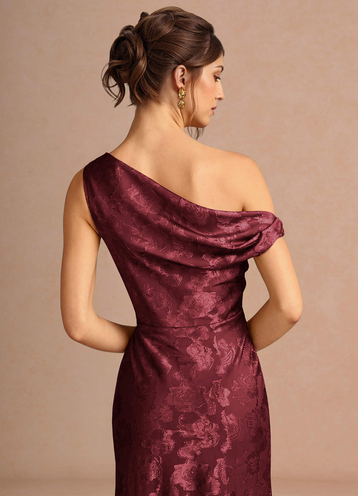 Kismet Mermaid One-Shoulder Fil Coupé Wedding Guest Dress in Wine