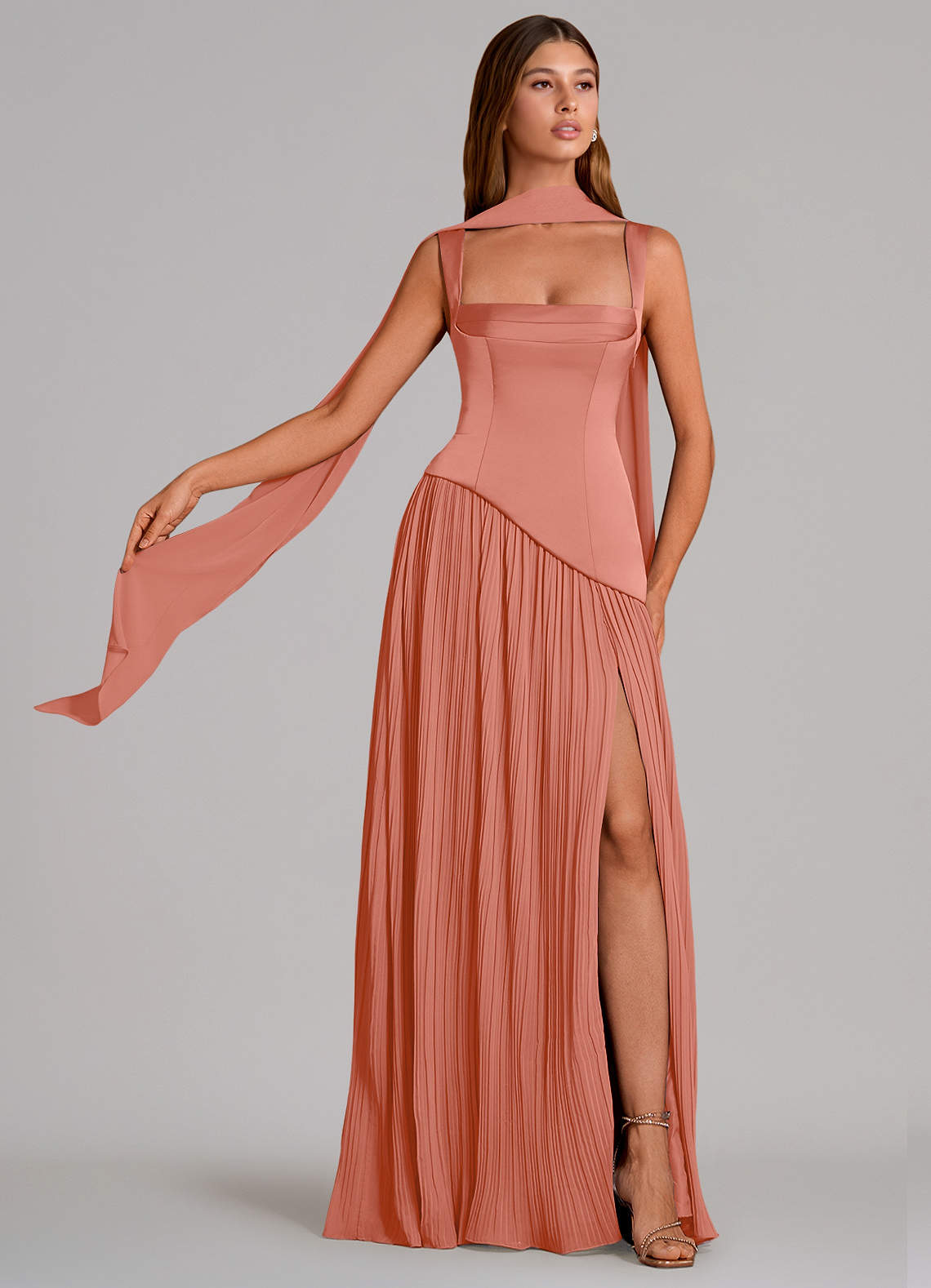 Stephanie A-Line Square-Neck Stretch Satin and Chiffon Bridesmaid Dress in Salmon Pink