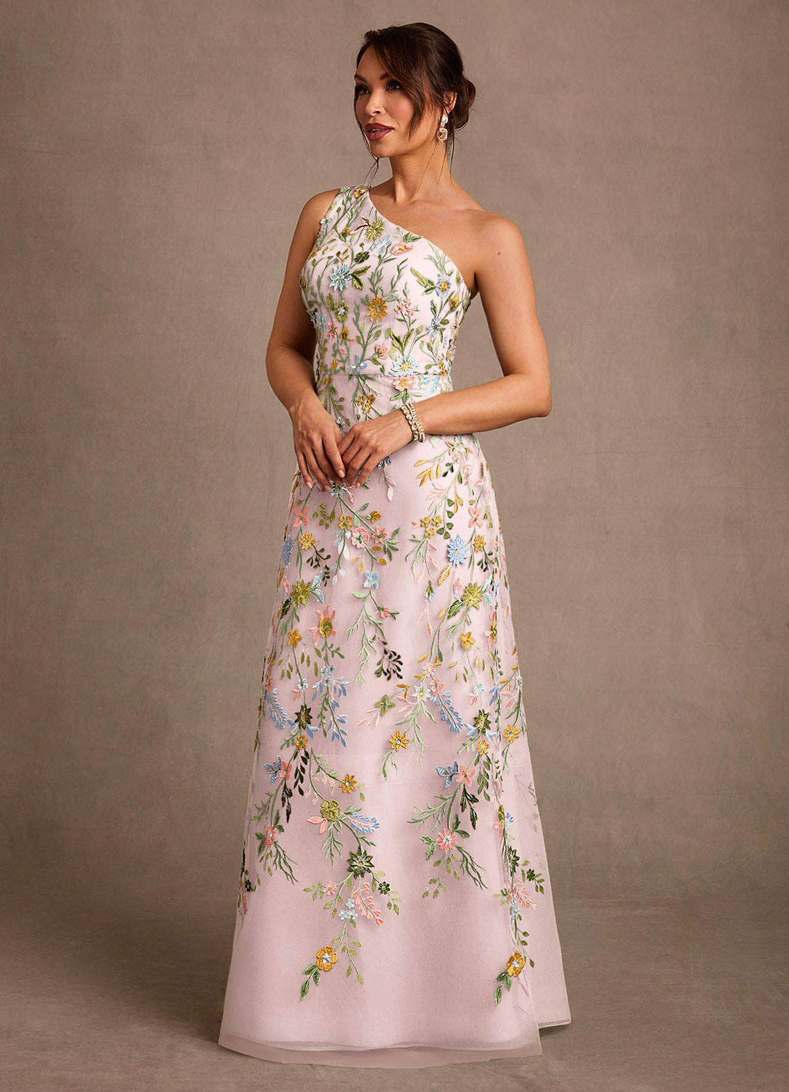 Bertie A-Line One-Shoulder Lace Mother of the Bride Dress in Blushing Pink