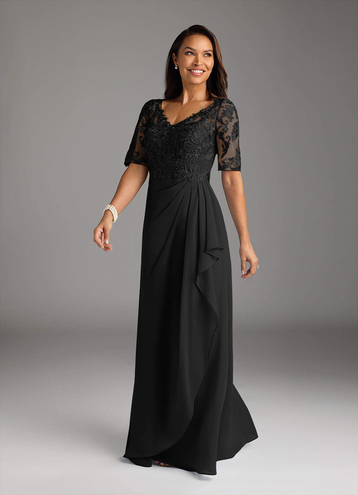 Amedeus A-Line V-Neck Chiffon and Lace Mother of the Bride Dress in black