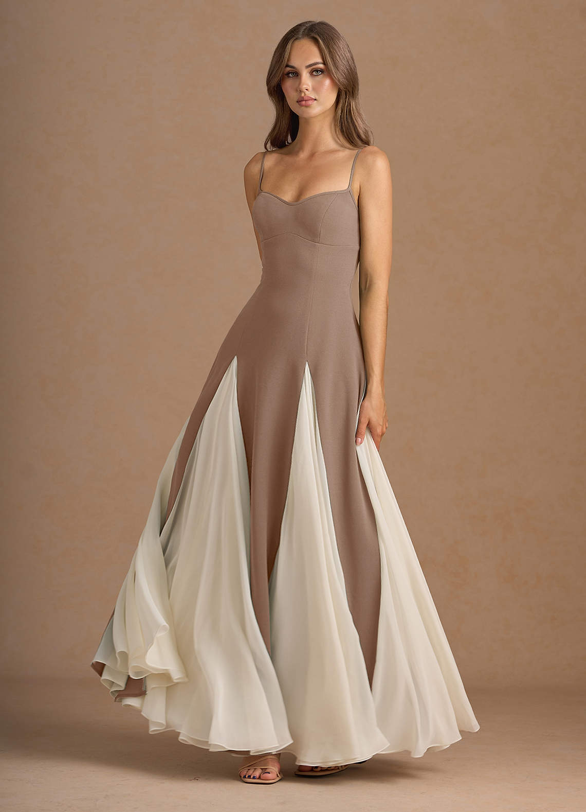 Jessenia A-Line Color-Block Crepe Chiffon Wedding Guest Dress in Taupe