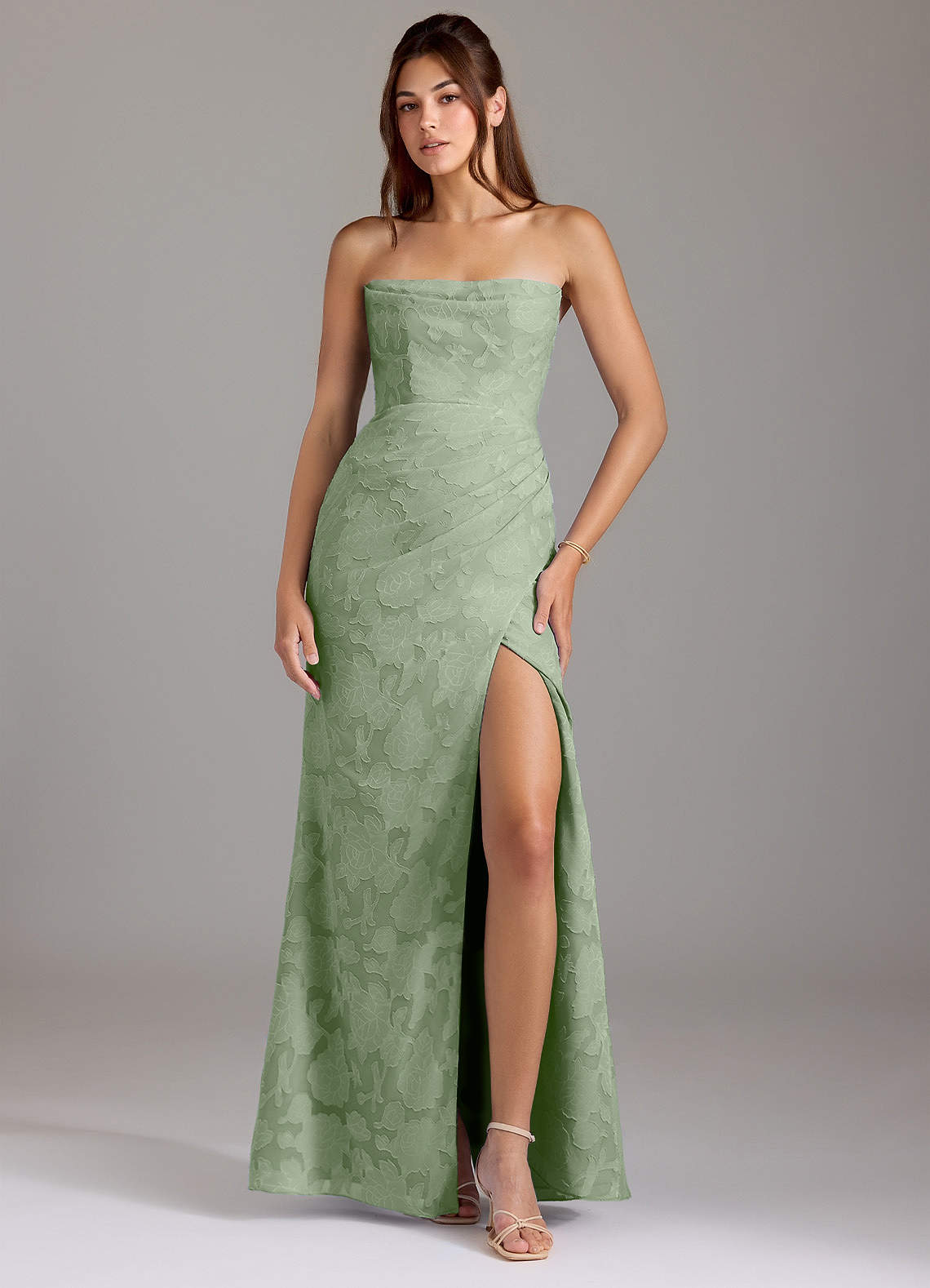 Leonis Sheath Strapless Floral Burnout Bridesmaid Dress in Dusty Sage