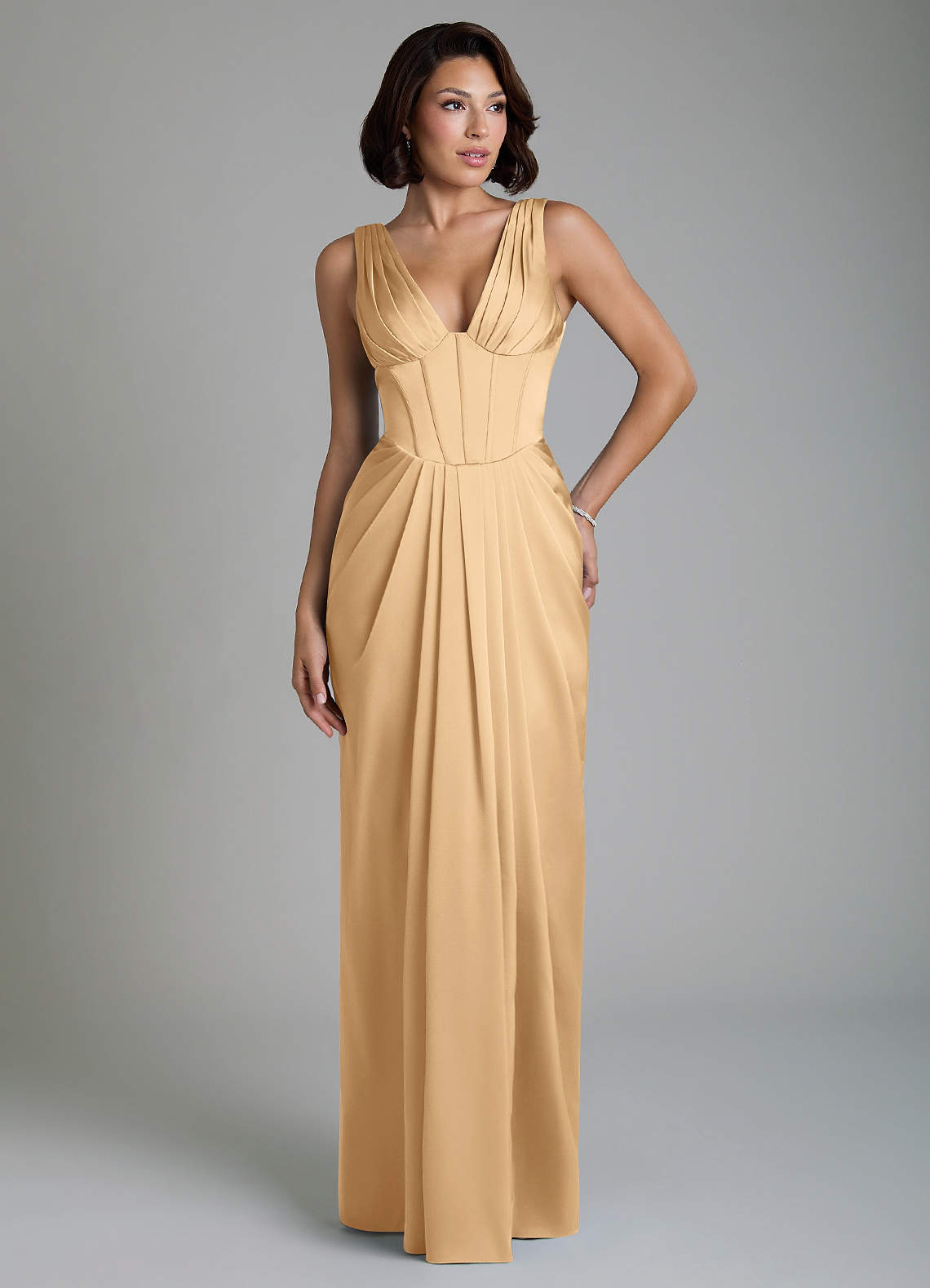 Vanya Sheath V-Neck Stretch Satin Bridesmaid Dress in Gold