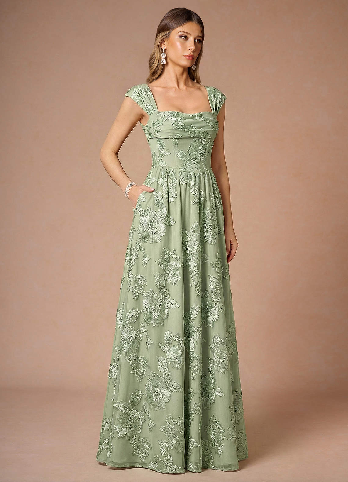 Hazel A-Line Cowl-Neck Floral Mesh Wedding Guest Dress in Light Green