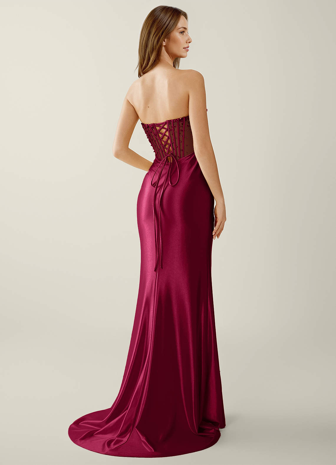 Willa Mermaid Strapless Sequined Satin Evening Dress in Burgundy