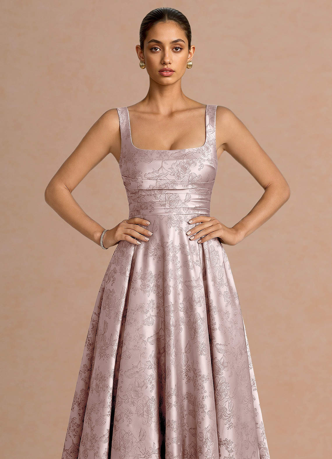 Azaria A-Line Square-Neck Jacquard Evening Dress in Pink