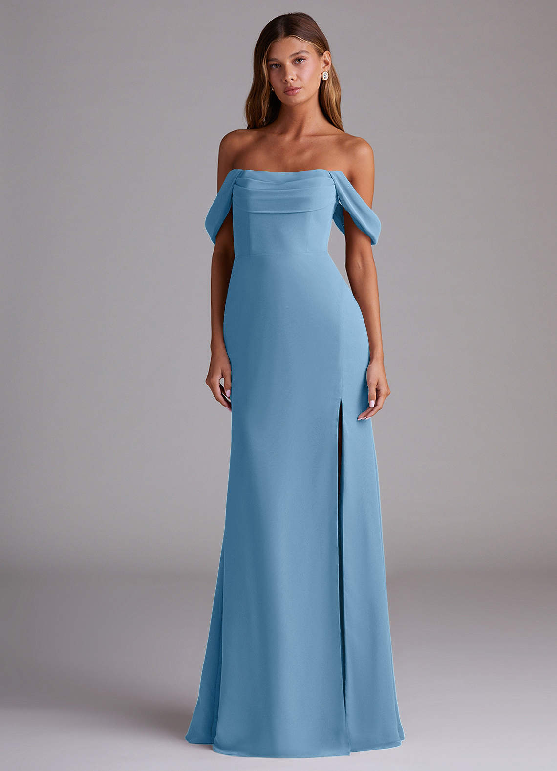 Saige A-Line Off-the-Shoulder Chiffon Bridesmaid Dress in Steel Blue
