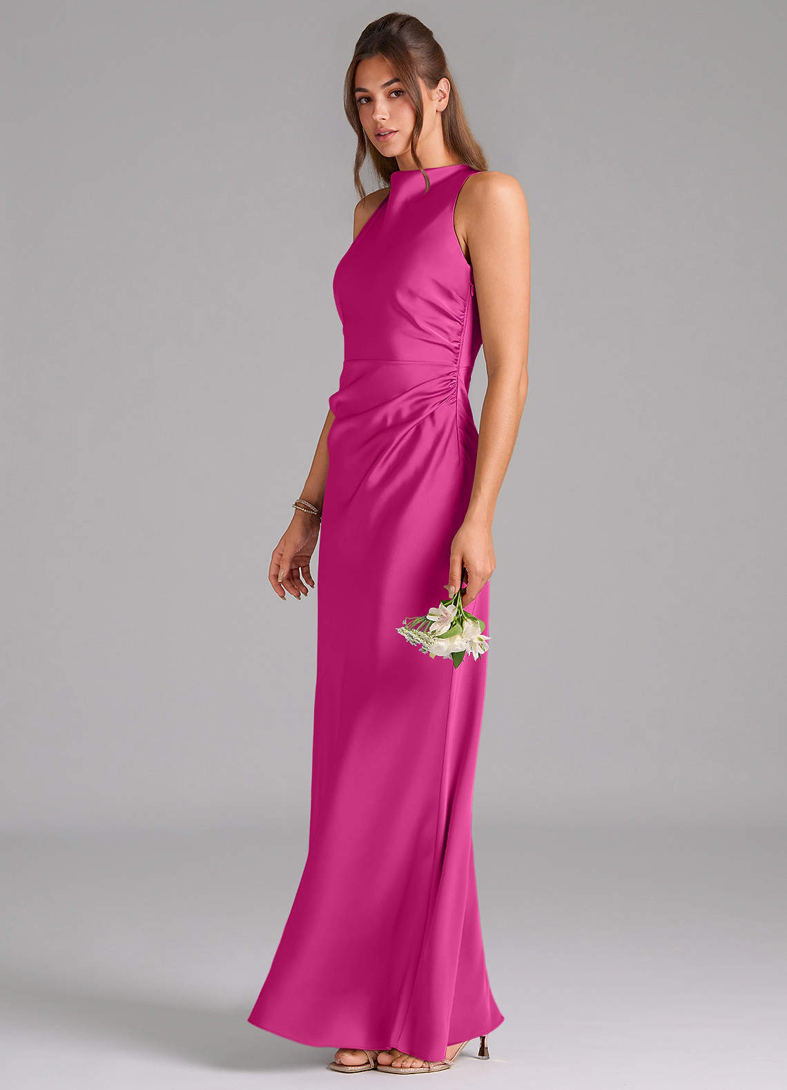 Evadne Sheath Scoop-Neck Stretch Satin Bridesmaid Dress in Fuchsia