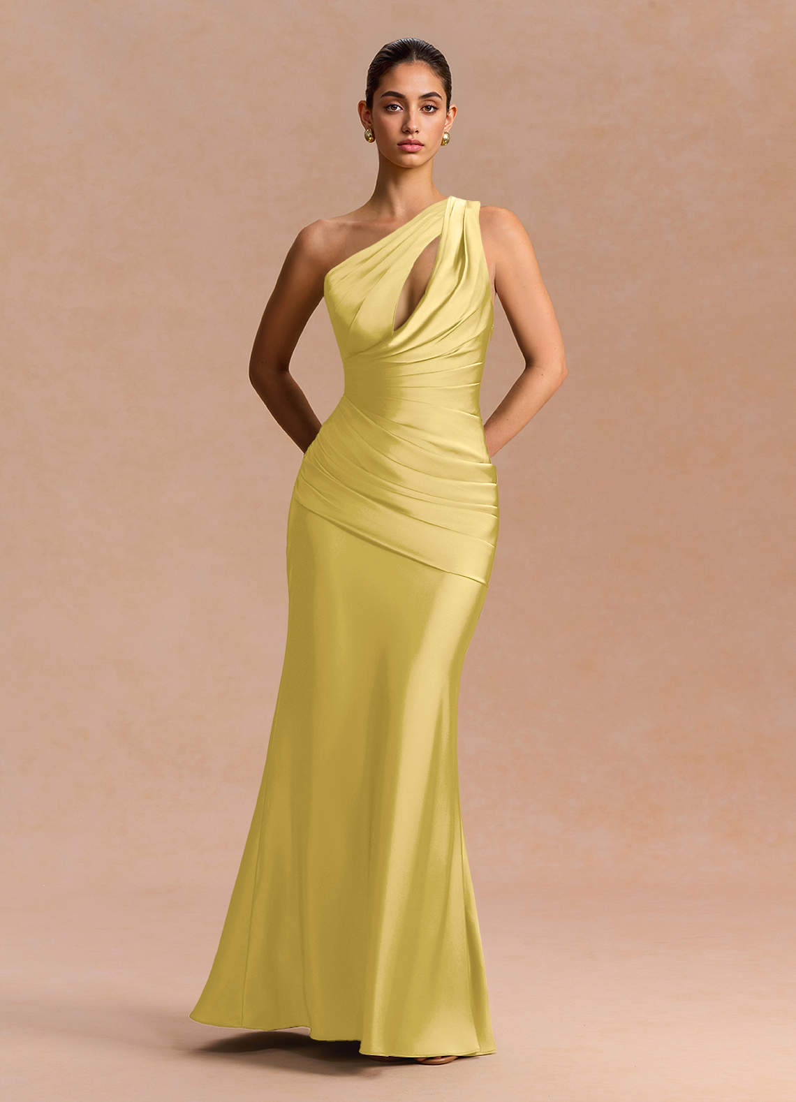 Guinevere One-Shoulder Cutout Stretch Satin Evening Dress in Pastel Yellow