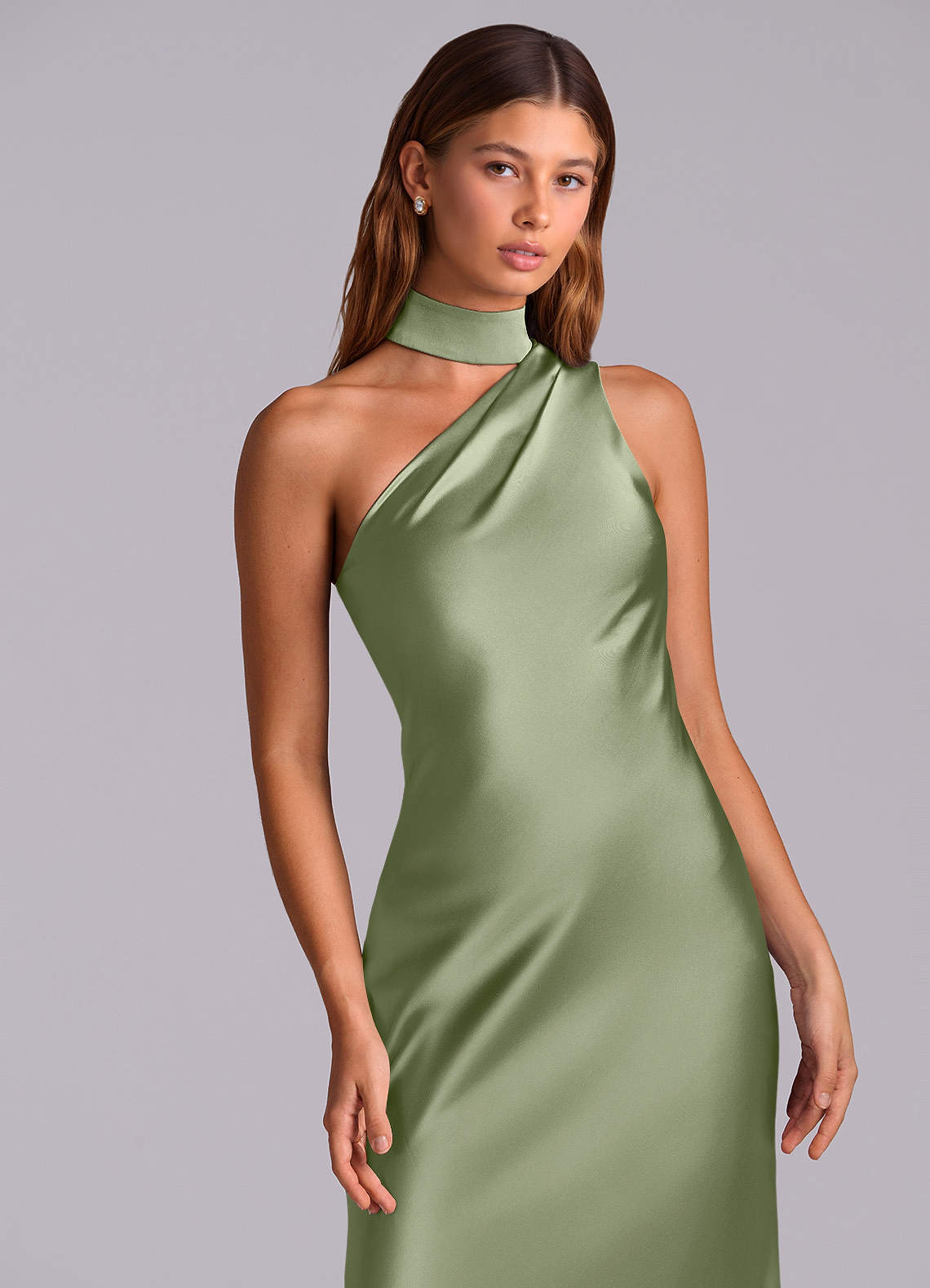 Seona Mermaid One-Shoulder Stretch Satin and Tulle Bridesmaid Dress in Pistachio